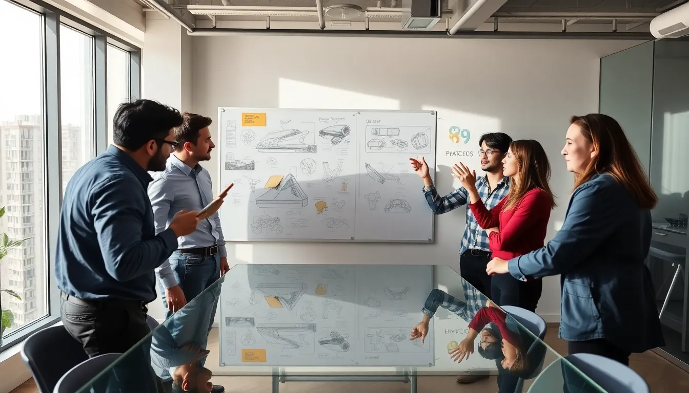 diverse team discussing product design sketches in a modern office.