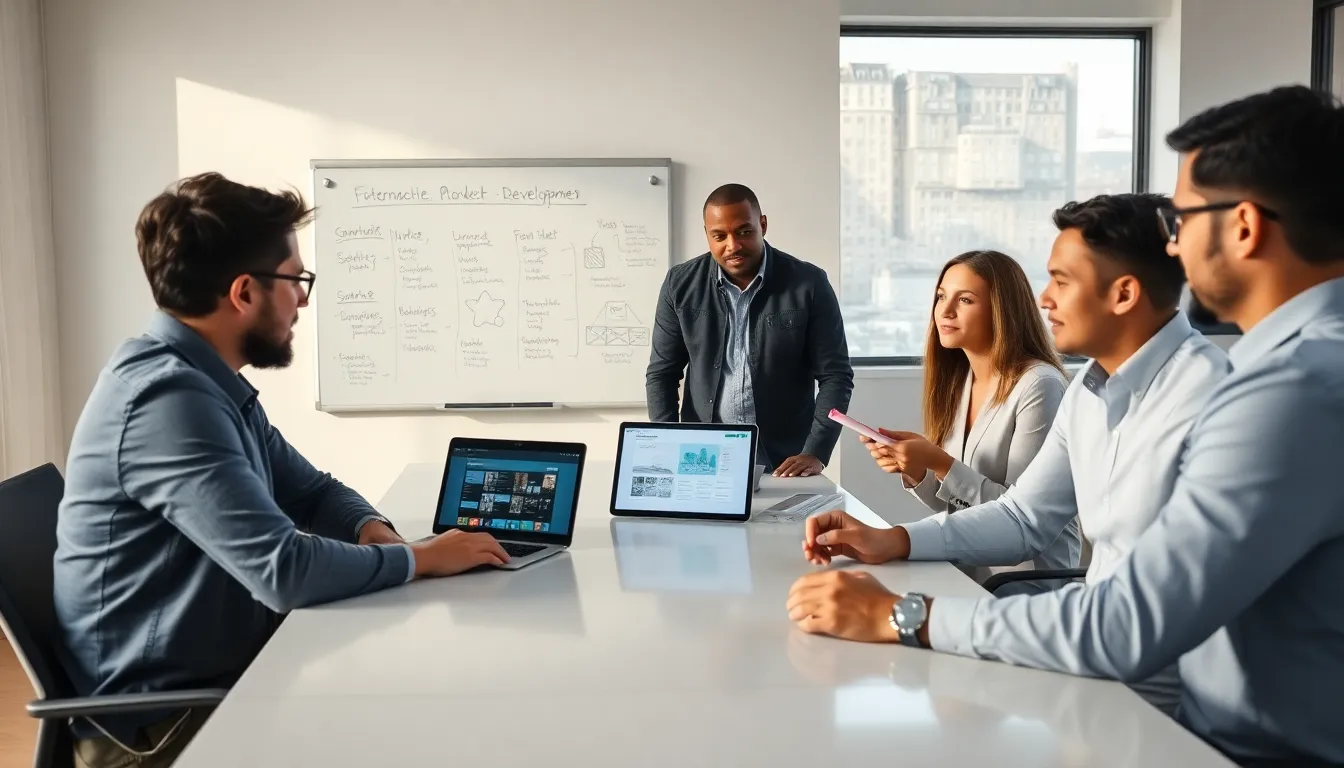 diverse team collaborating on product development in a modern office.