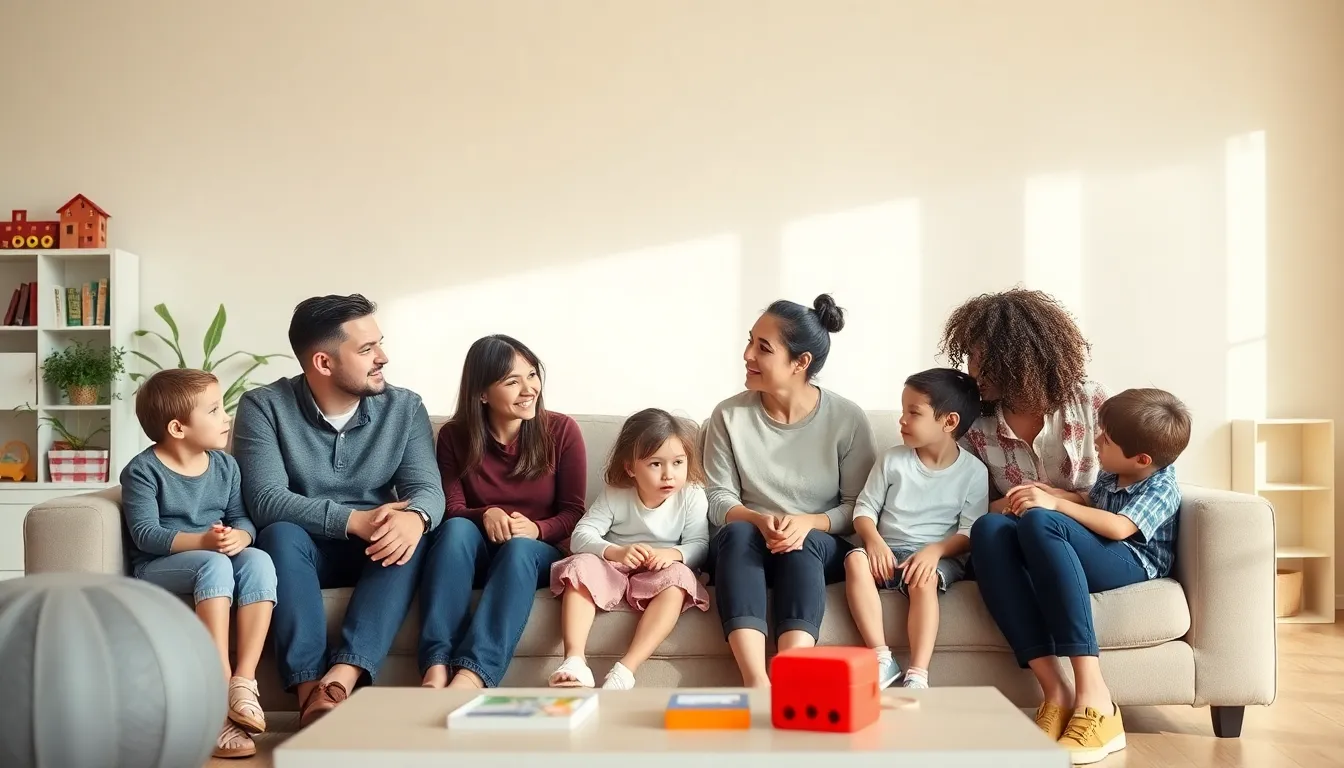diverse parents discussing gentle parenting challenges in a cozy home setting.