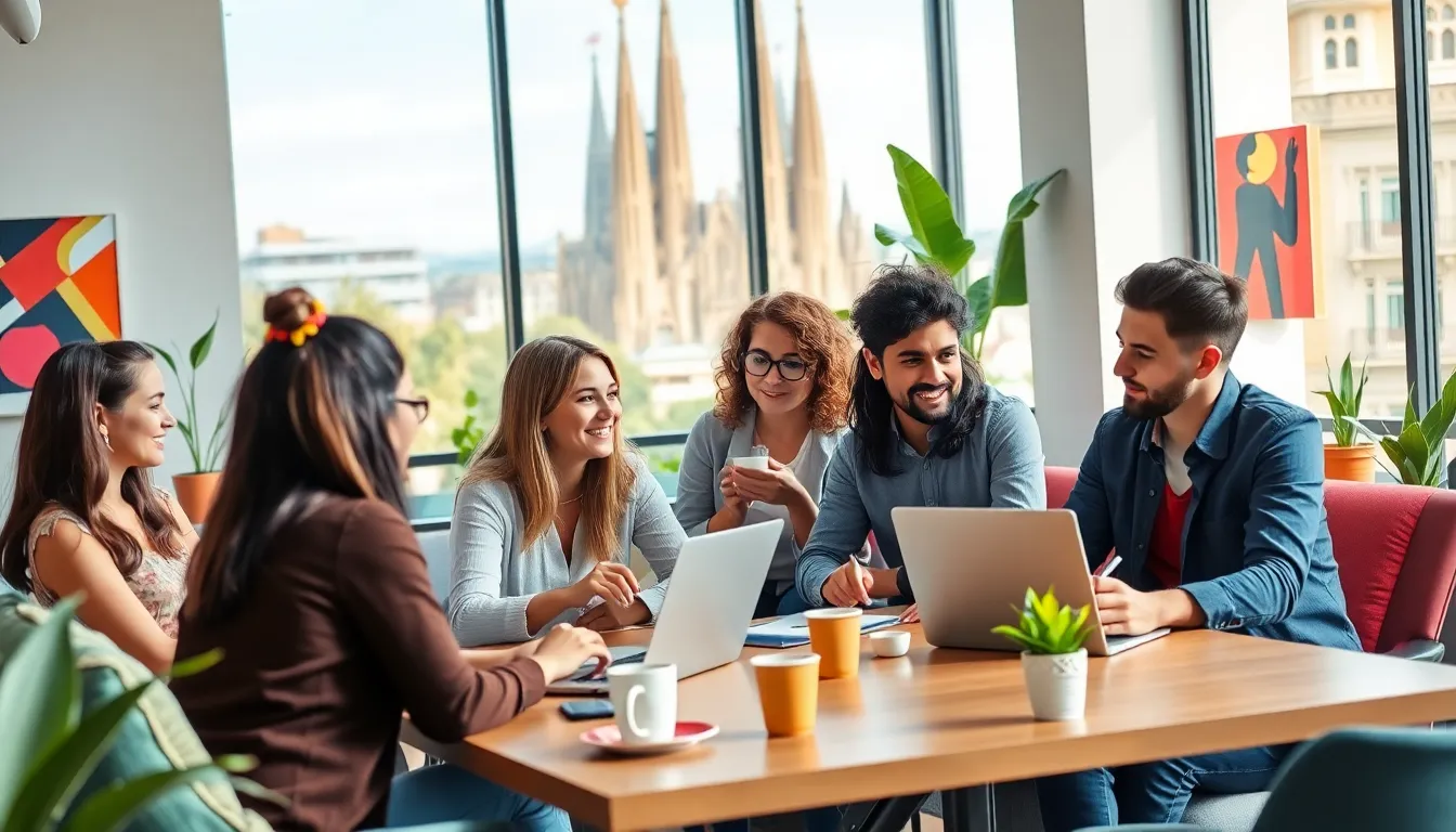 diverse digital nomads collaborating in a modern coworking space.