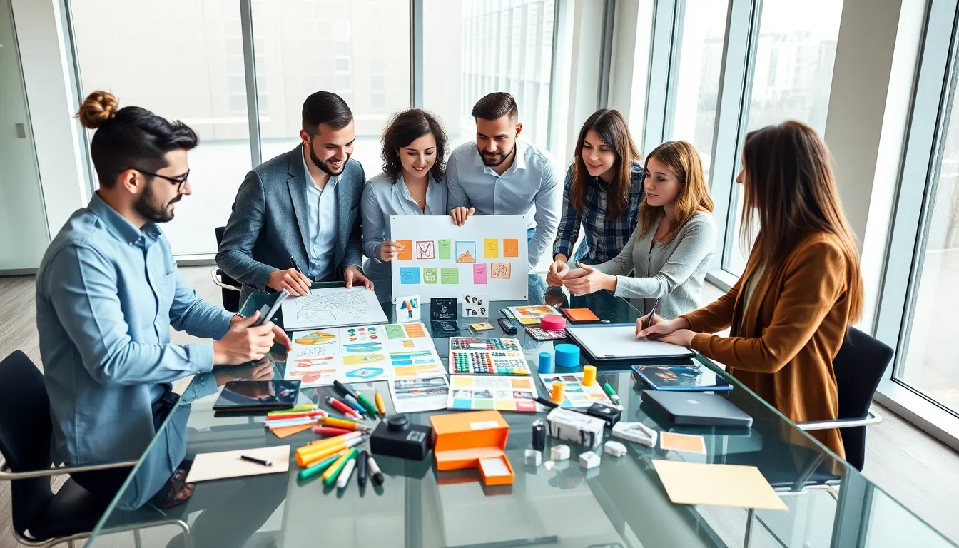 diverse team collaborating on product design in a modern office.